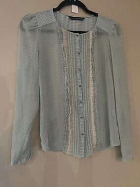 Zara small Pale pink blue pheasant Ruffle-Trim Pintuck Blouse raw hem skull